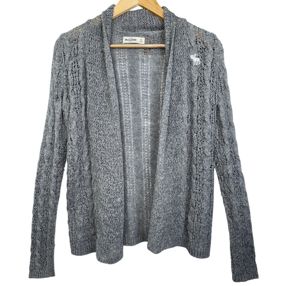 Abercrombie & Fitch Gray Open Knit Logo Long Sleeve Cardigan Sweater Top Size XL